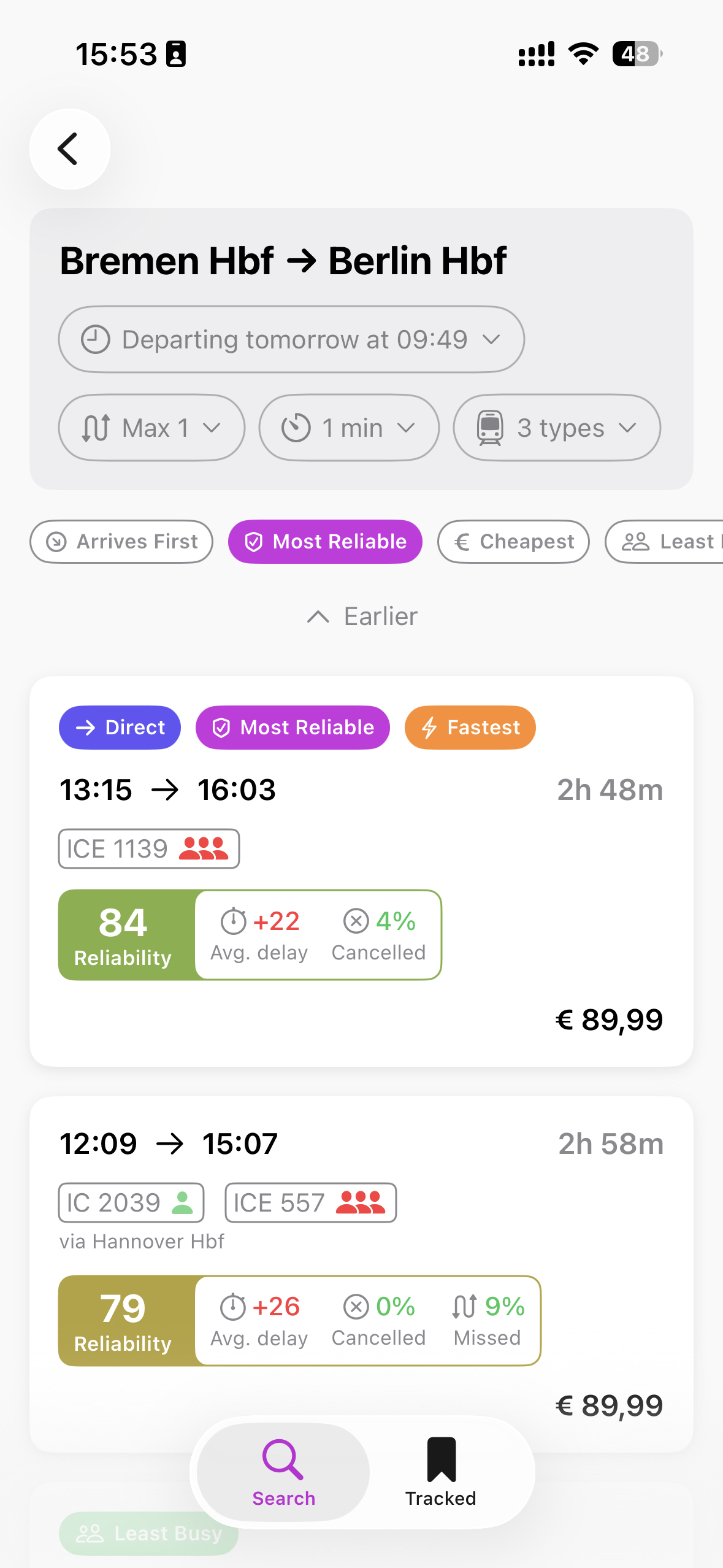 Journey planning screen with delay predictions